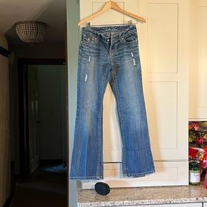 INC curvy fit boot leg jean, heavy top stitching, distressed, size 2